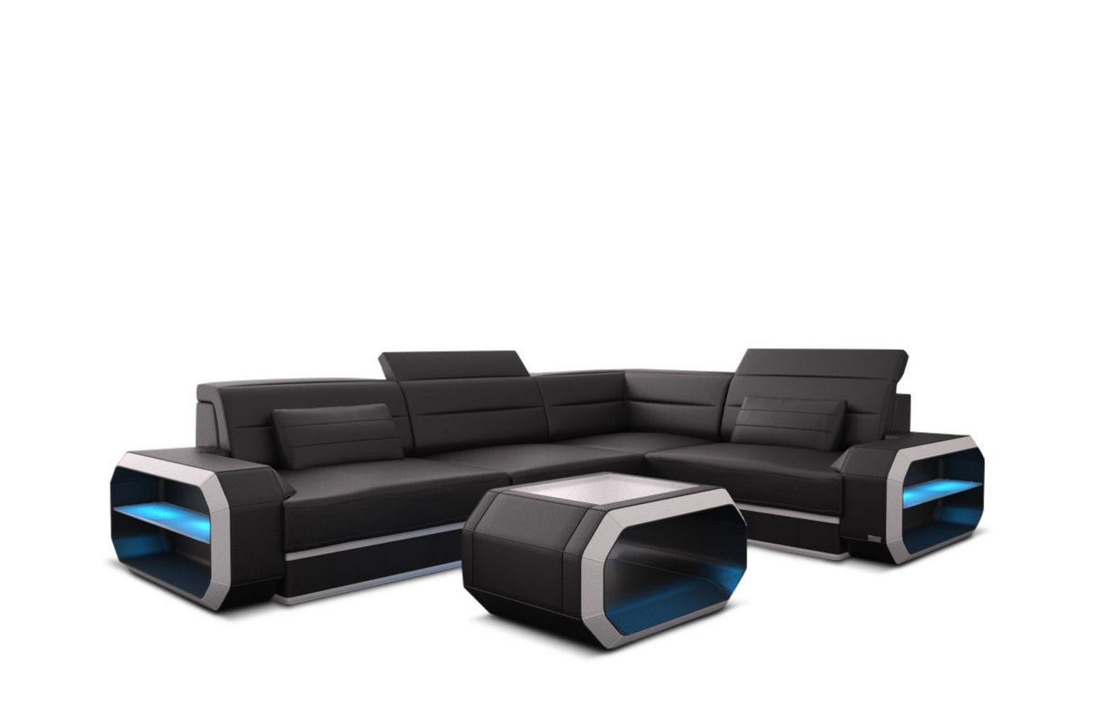 Ecksofa Ledercouch Verona L Form Leder mit LED Beleuchtung schwarz-weiß