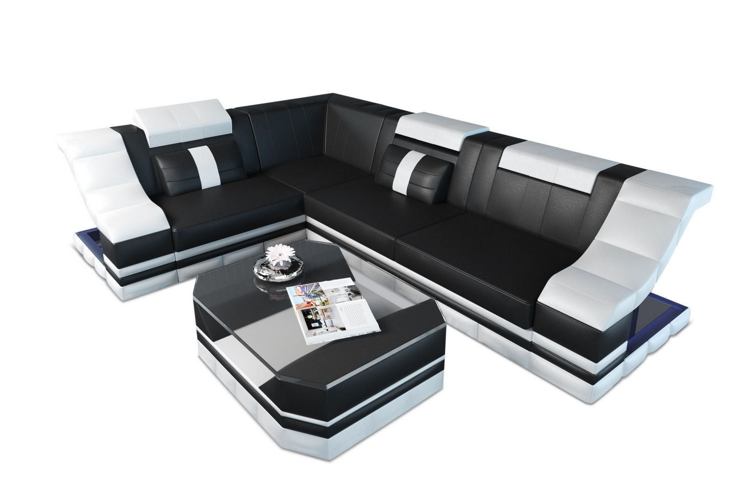 Mini Ecksofa Bianchi aus Leder Schwarz-Weiß