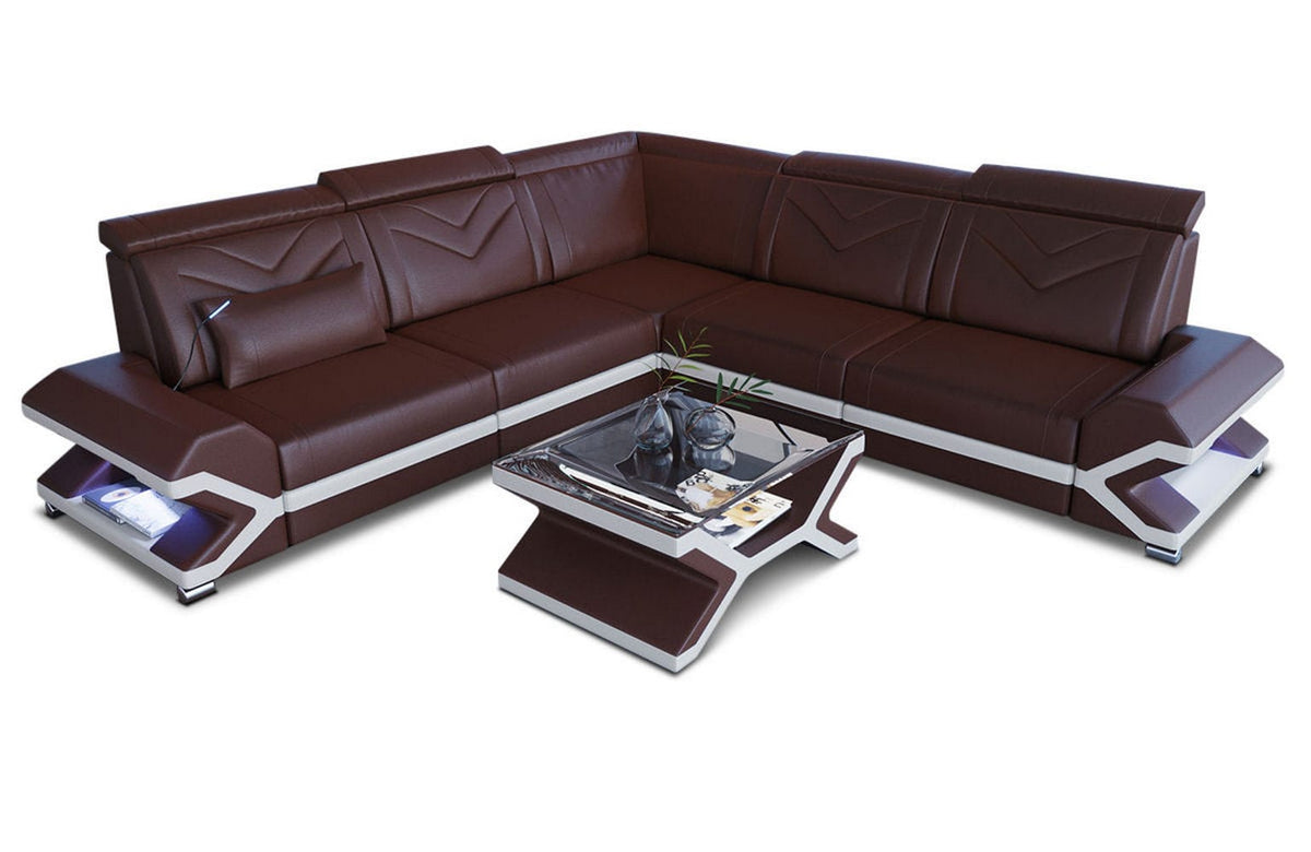 Ecksofa Sorrento L-Form aus Leder dunkelbraun-weiß