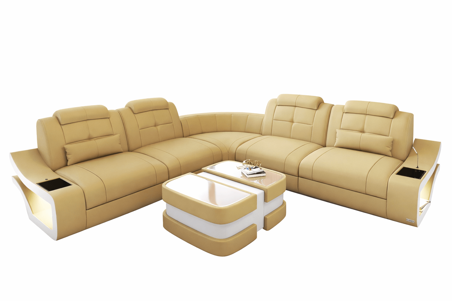 Couch Elena Lang L-Form in Stoff Beige-Weiß