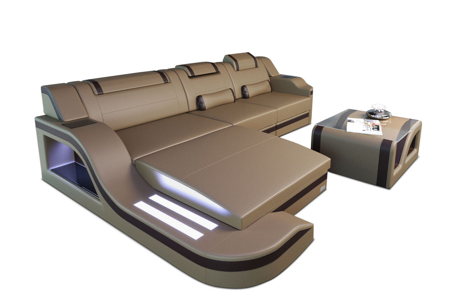 Design Ledersofa Palermo L-Form mit LED sandbeige-dunkelbraun