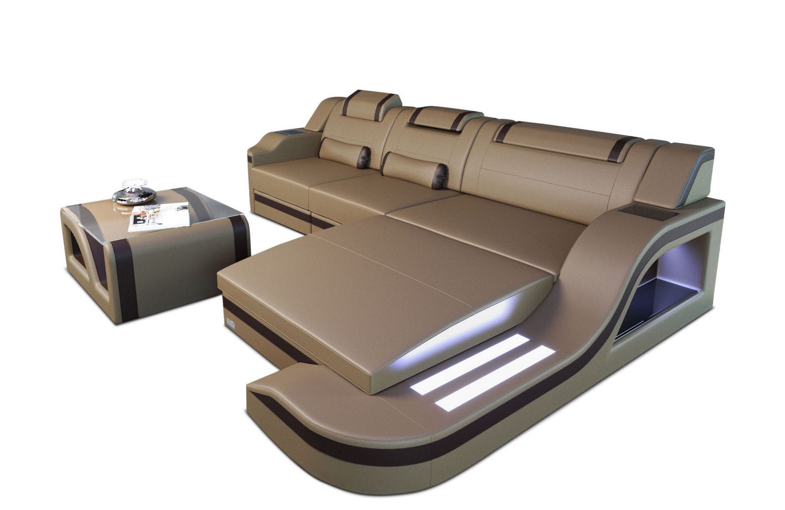 Design Ledersofa Palermo L-Form mit LED sandbeige-dunkelbraun