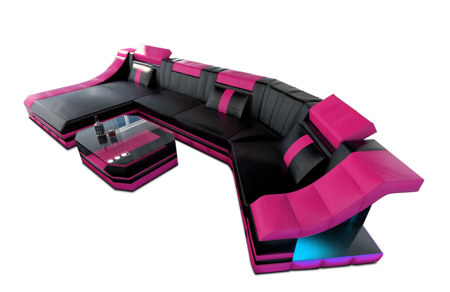 Luxus Wohnlandschaft Turino C-Form mit LED schwarz-pink