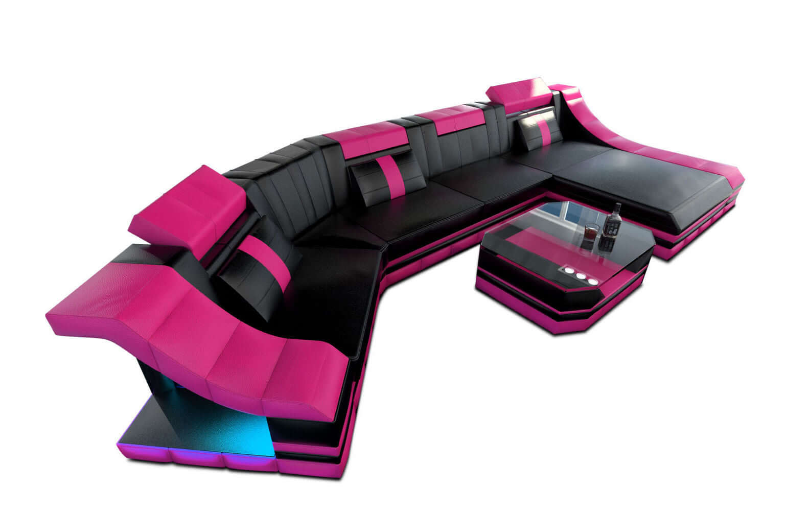 Luxus Wohnlandschaft Turino C-Form mit LED schwarz-pink