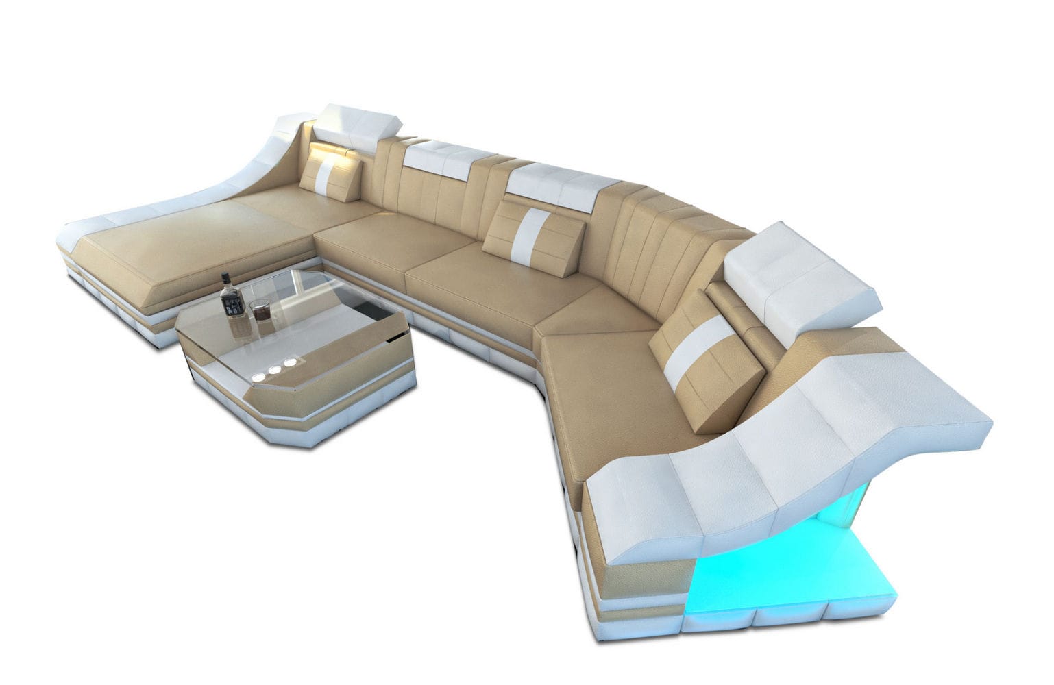 Luxus Wohnlandschaft Turino C-Form mit LED sandbeige-weiß