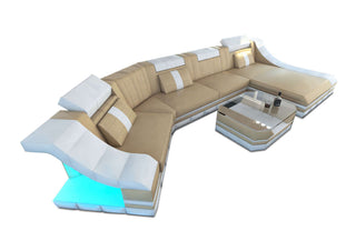 Mini Luxus Wohnlandschaft Turino C-Form mit LED in Kunstleder und der Farbe Sandbeige und Weiß - Ausrichtung rechts