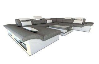 Stoffsofa Enzo LED U-Form in Strukturstoff und der Farbe Grau und Weiß - Ausrichtung links