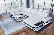 Sofa Wohnlandschaft Napoli U-Form Kunstleder Weiß-Schwarz mit USB-Anschluss