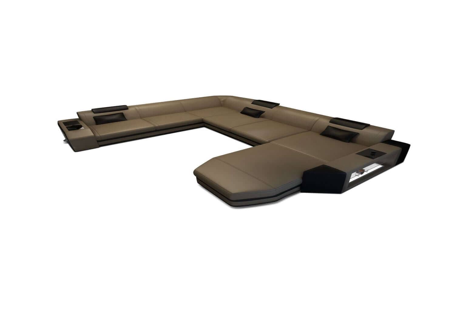 Mini XXL Wohnlandschaft Mega Prato U-Form in Leder Sandbeige-Schwarz
