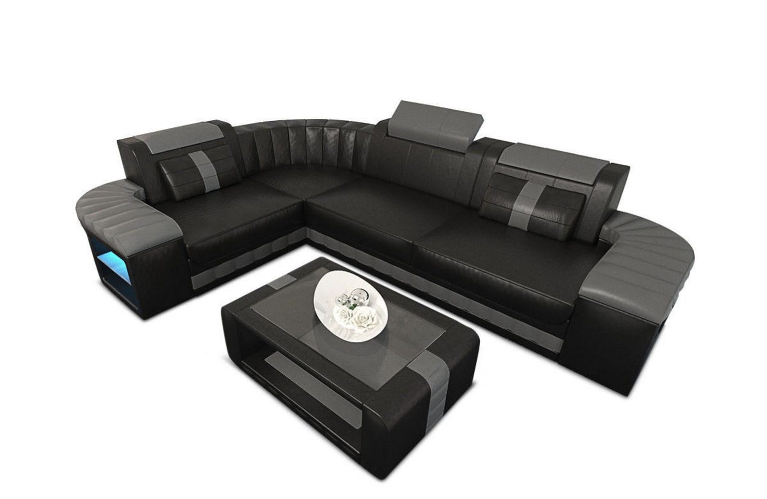 Designsofa Bergamo Eleganz L-Form aus Leder schwarz-grau