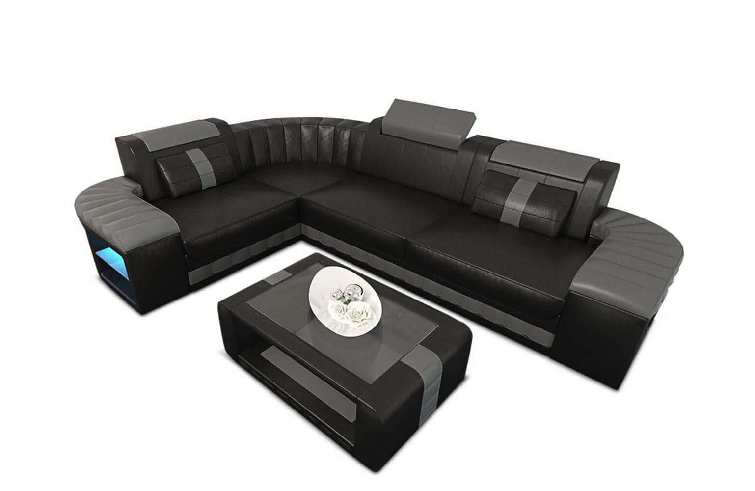 Mini Sofa Bergamo L-Form in Leder Schwarz-Grau