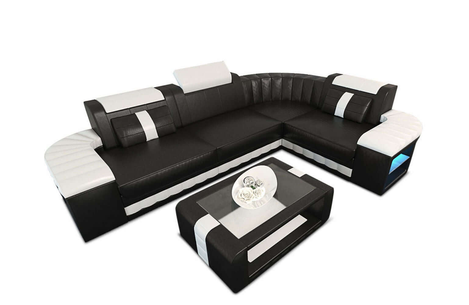Mini Sofa Bergamo L-Form in Leder Schwarz-Weiß