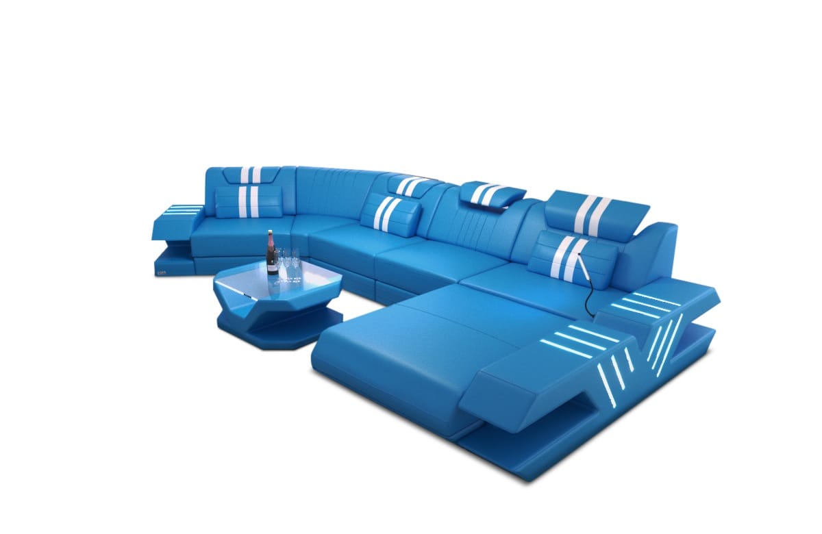 Leder Couch Venedig C-Form – Komfort & Stil blau-weiß