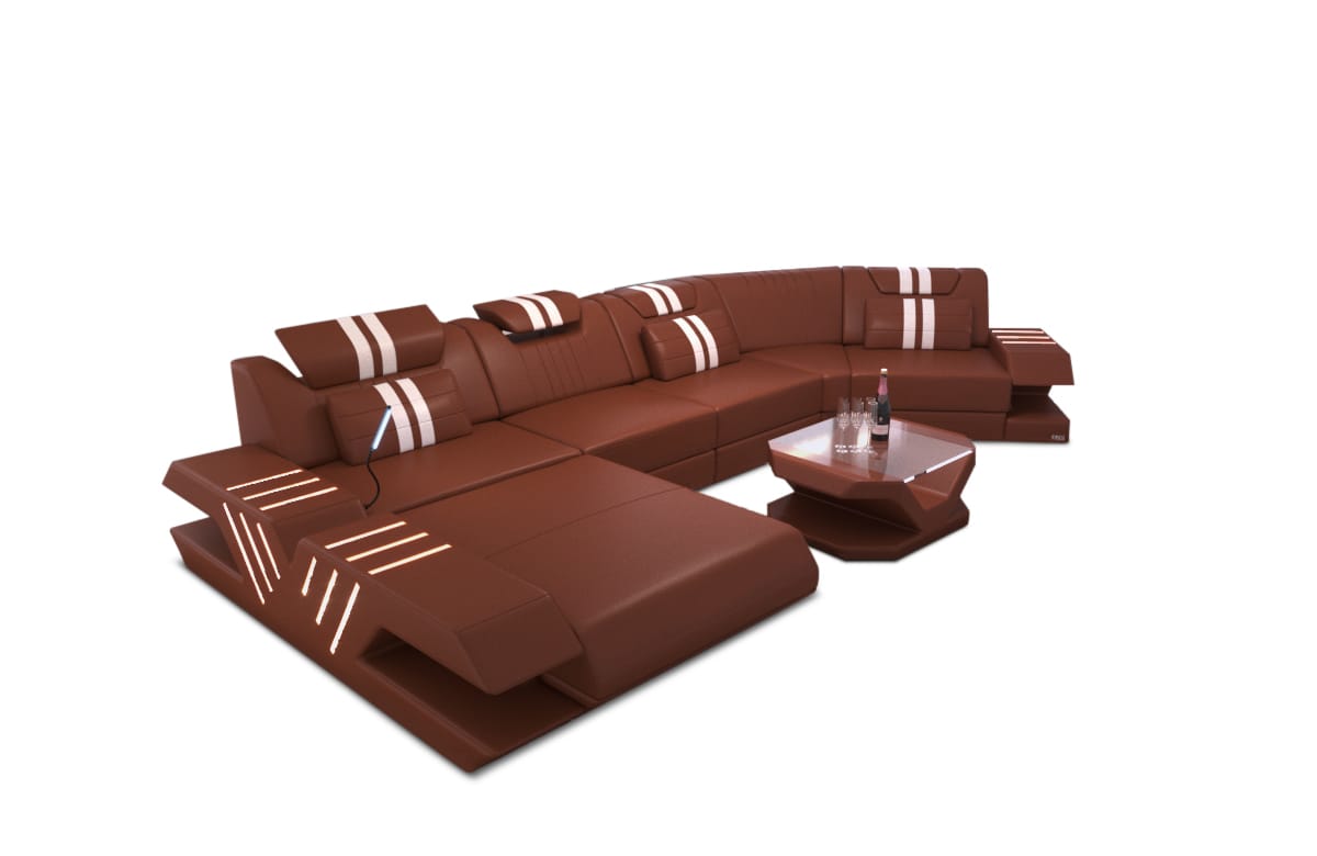 Leder Couch Venedig C-Form – Komfort & Stil hellbraun-weiß