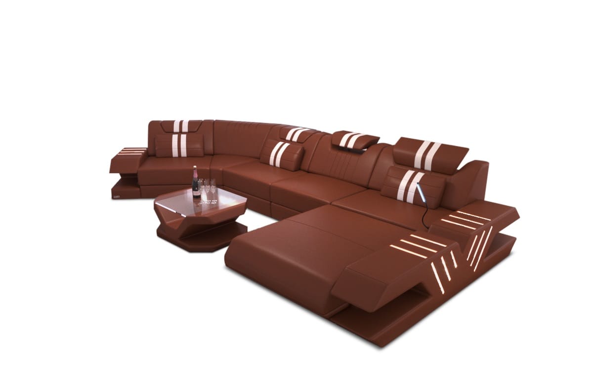 Leder Couch Venedig C-Form – Komfort & Stil hellbraun-weiß