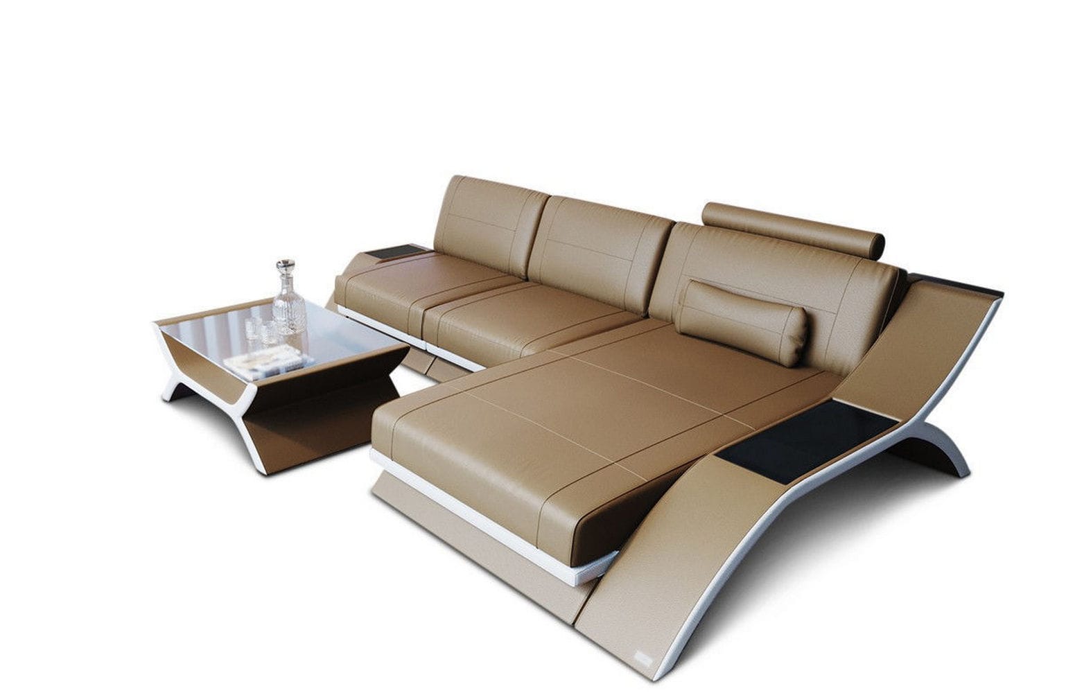 Leder Ecksofa Calabria L Form mit LED Beleuchtung sandbeige-weiß