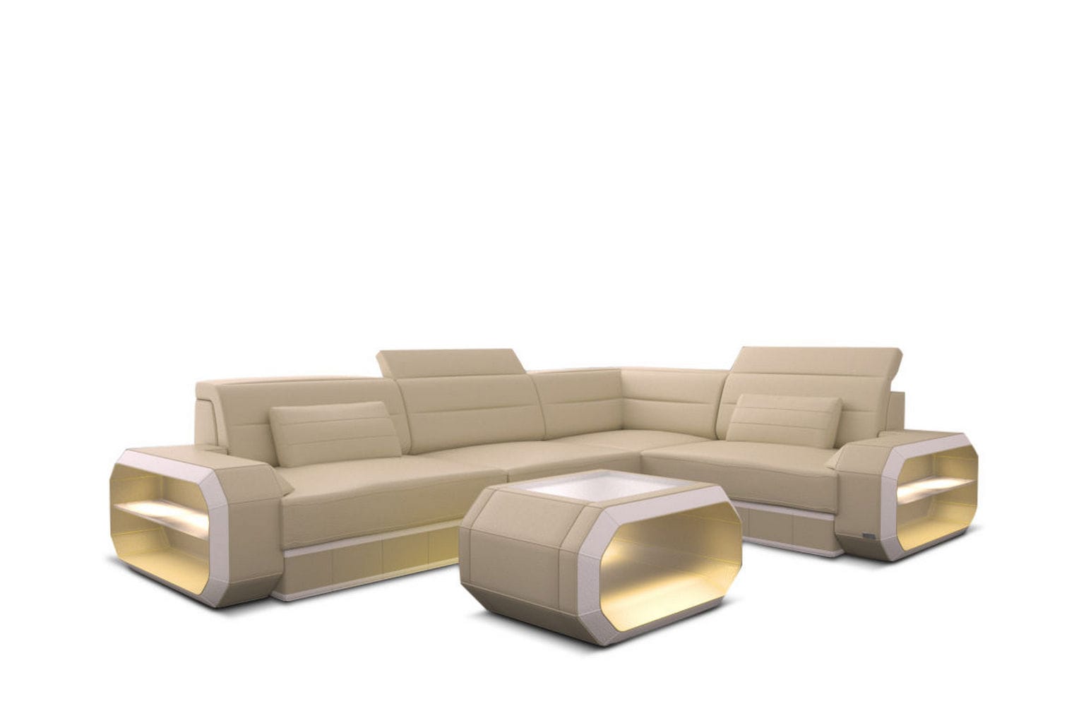 Couch Verona L Form in Leder beige-weiß
