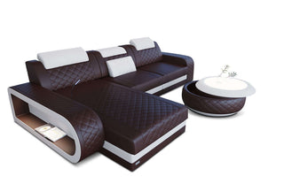 Mini Ecksofa Berlin L-Form Mini Ledersofa in Kunstleder und der Farbe Dunkelbraun und Weiß - Ausrichtung links