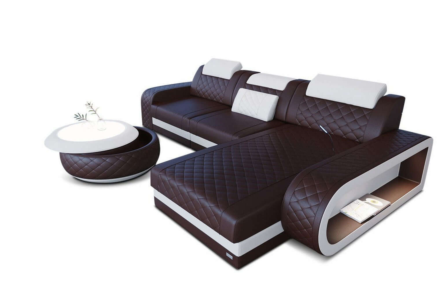 Mini Ecksofa Berlin L-Form in Leder Dunkelbraun-Weiß