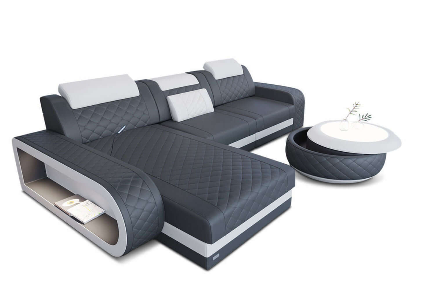 Mini Ecksofa Berlin L-Form in Leder Grau-Weiß