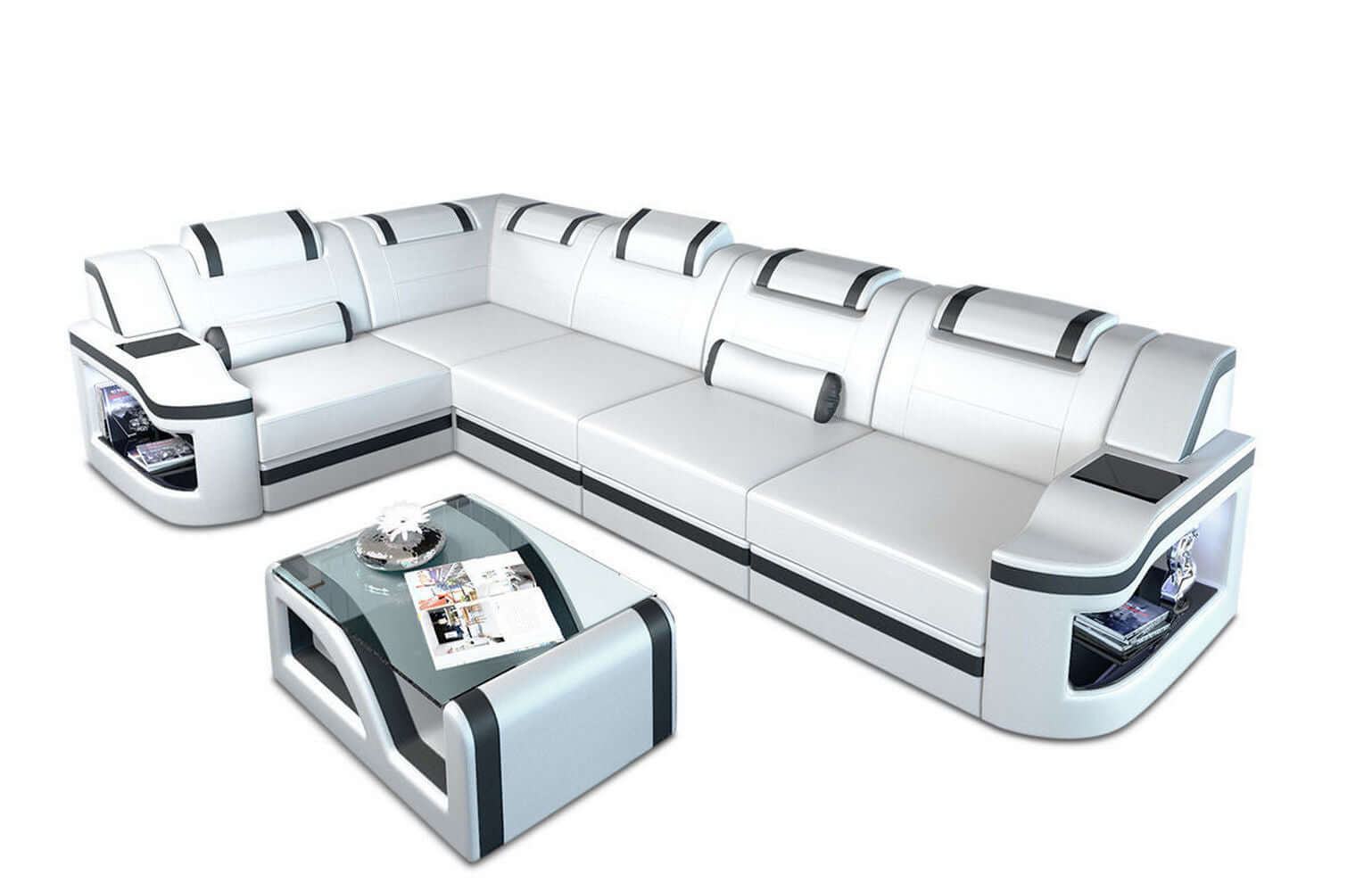 Mini Ecksofa Padua L-Form aus Leder Weiß-Schwarz