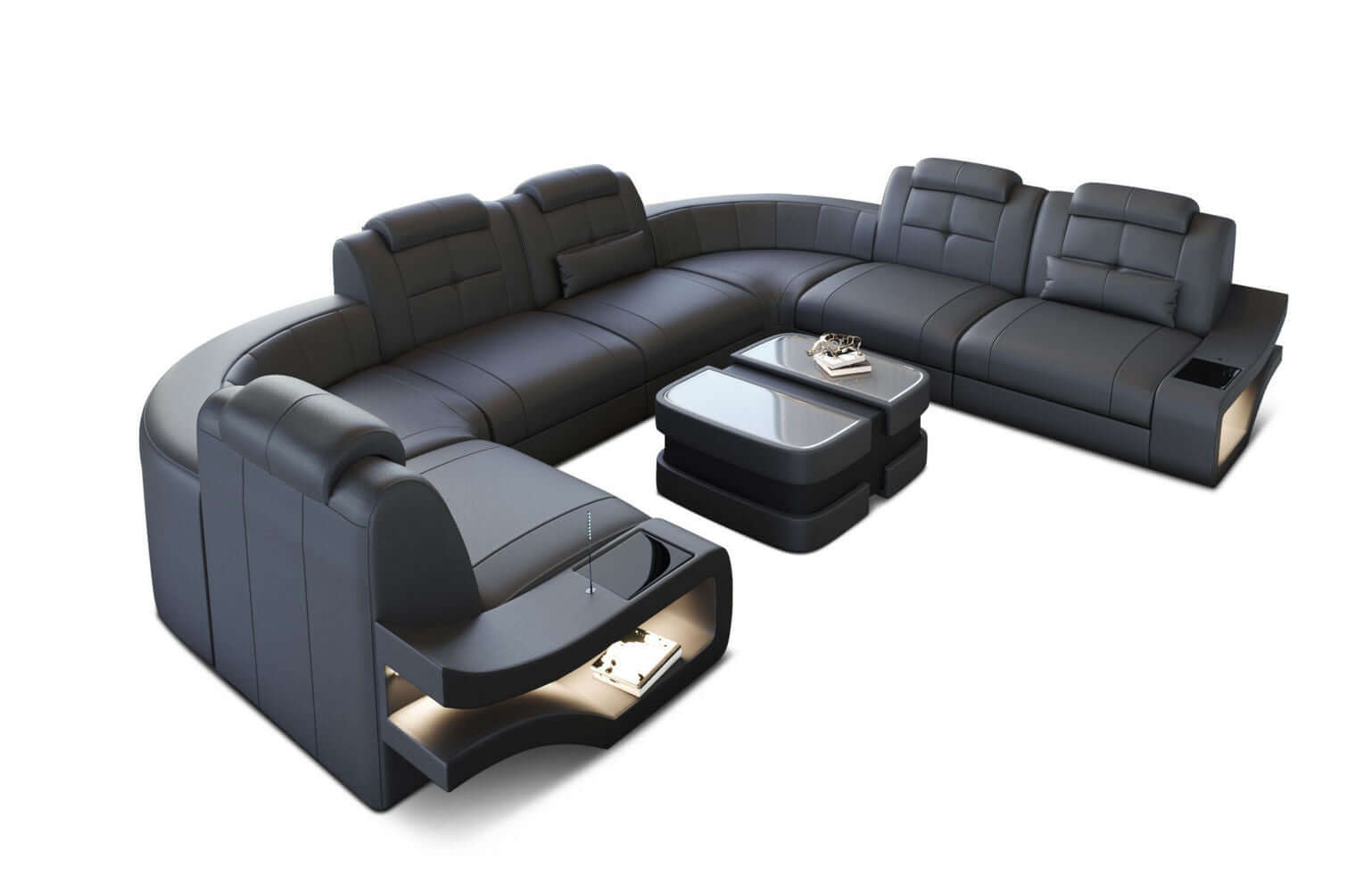 Leder Wohnlandschaft Elena U Form Mini Grau-Schwarz