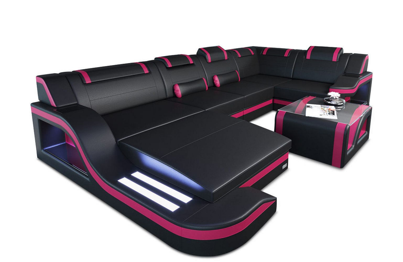Design Wohnlandschaft Palermo U-Form mit LED schwarz-pink