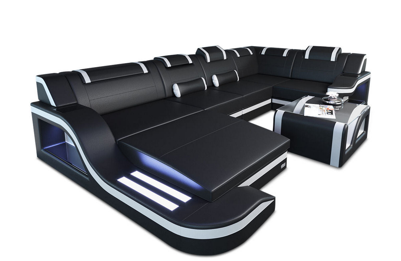Mini Design Wohnlandschaft Palermo U-Form mit LED Schwarz-Weiß