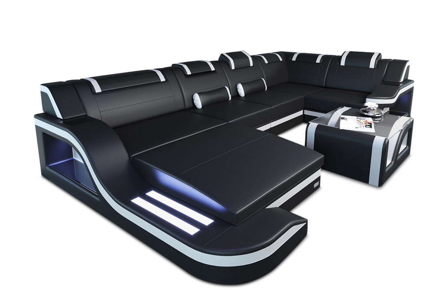 Mini Wohnlandschaft Palermo U-Form aus Leder schwarz-weiß