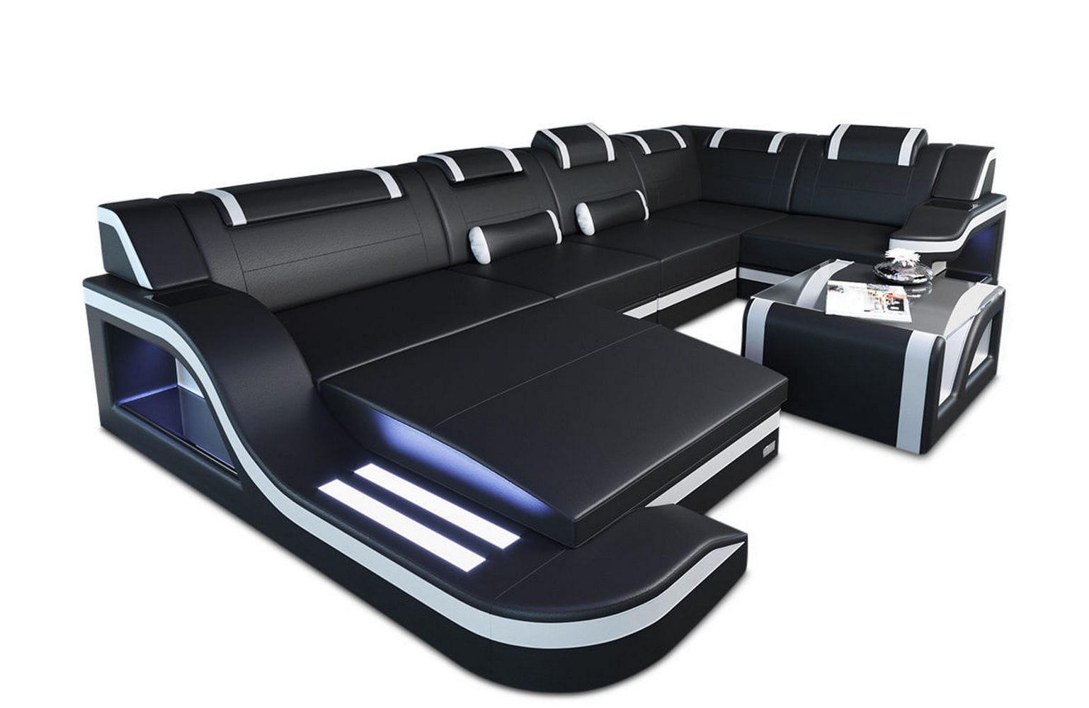 Design Wohnlandschaft Palermo U-Form mit LED schwarz-weiß