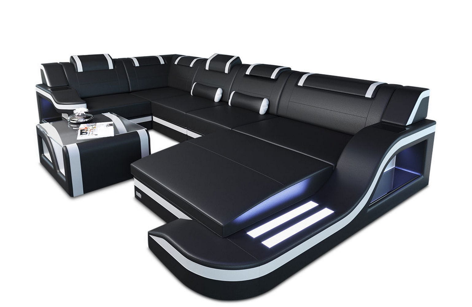 Design Wohnlandschaft Palermo U-Form mit LED schwarz-weiß