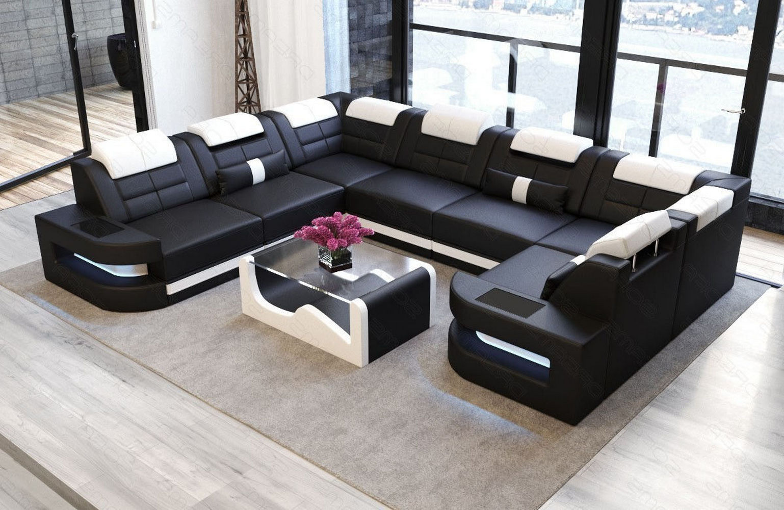 Leder Couch Como U Form mit Beleuchtung – Modern & Stilvoll rot-schwarz