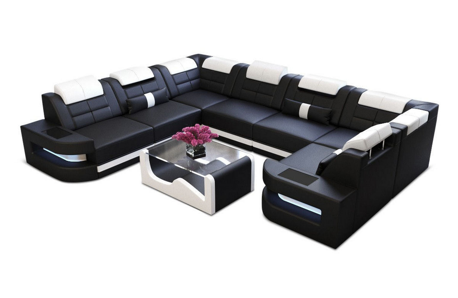Mini Leder Couch Como U Form mit Beleuchtung Schwarz-Weiß