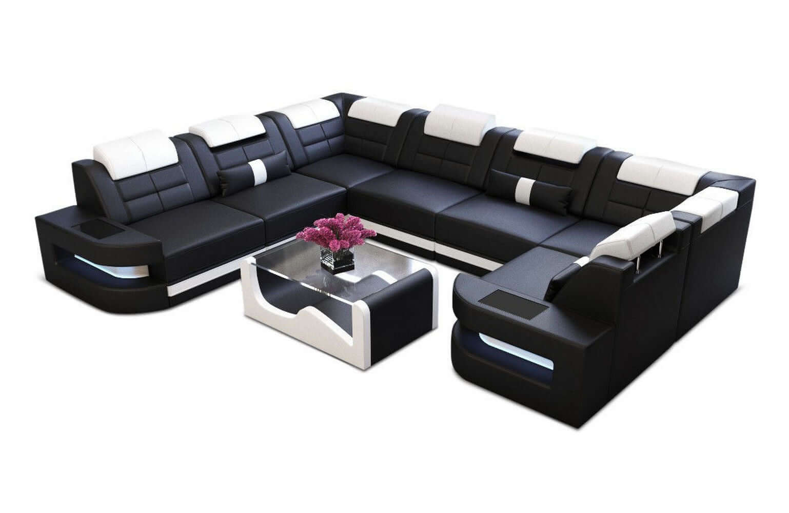 Mini Wohnlandschaft Como U-Form in Leder Schwarz-Weiß