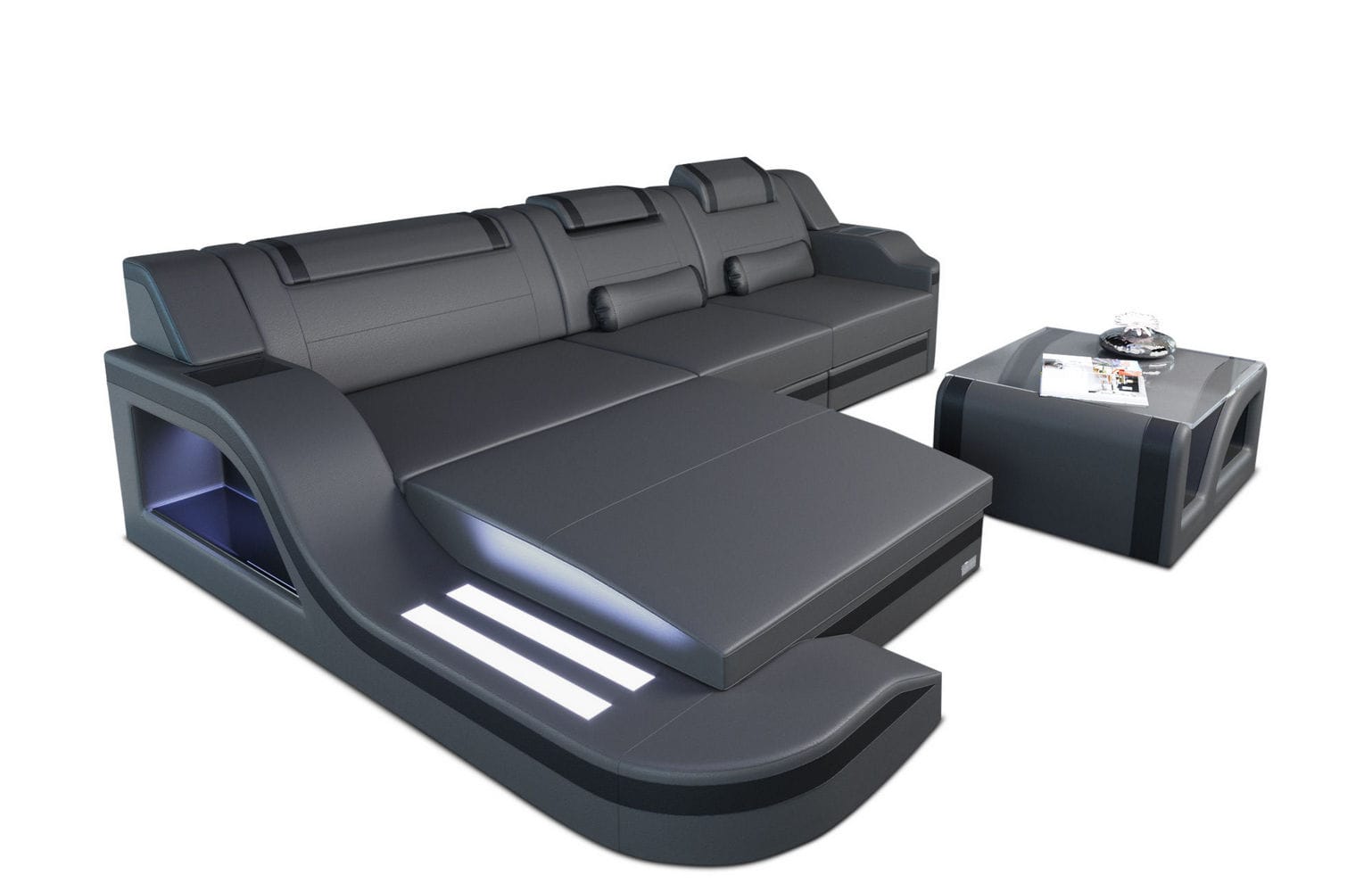 Design Ledersofa Palermo L-Form mit LED grau-schwarz