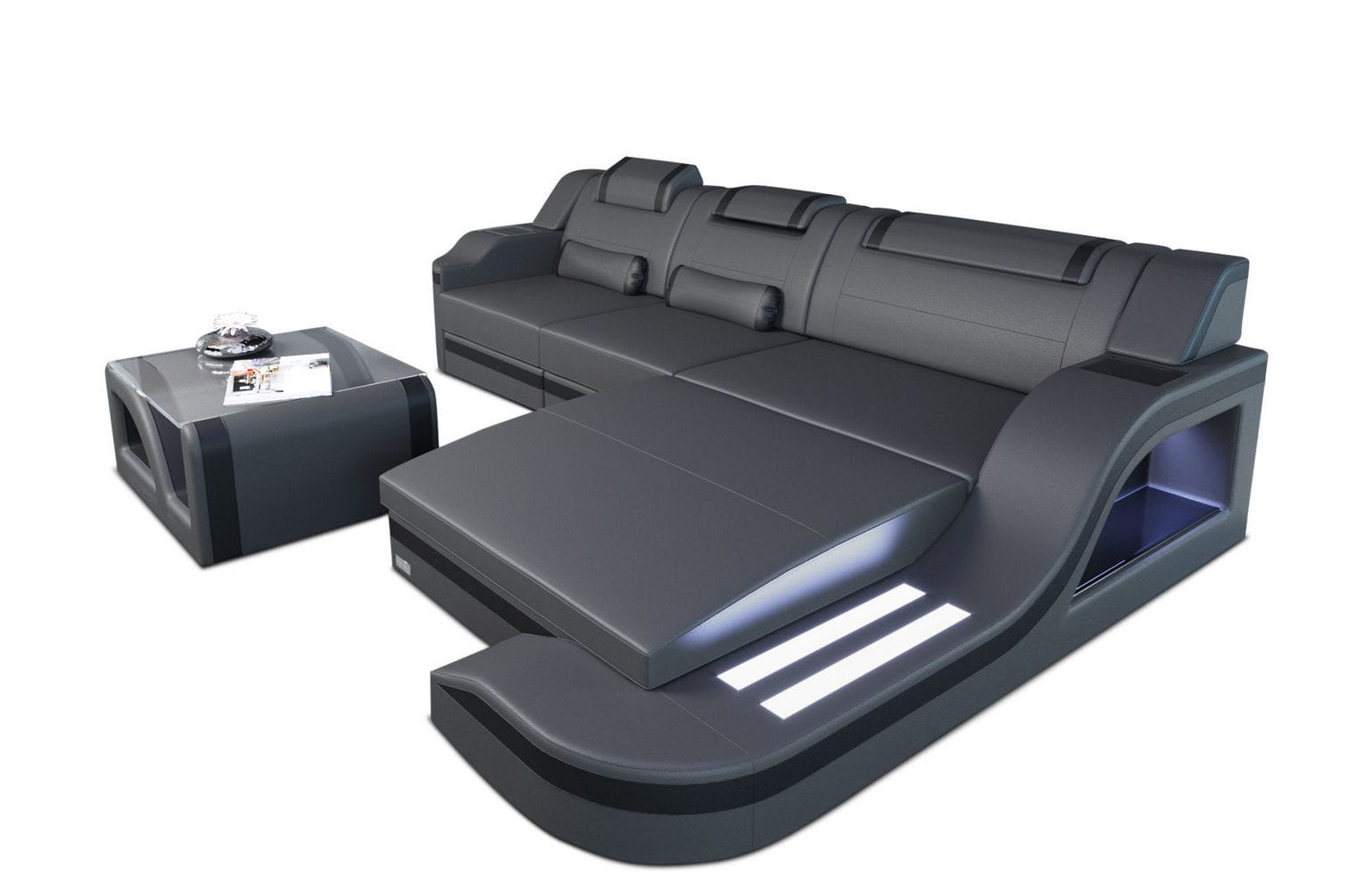 Design Ledersofa Palermo L-Form mit LED grau-schwarz