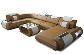 Leder Wohnlandschaft Rimini – Modern und Komfortabel in Kunstleder und der Farbe Sandbeige und Weiß - Ausrichtung rechts