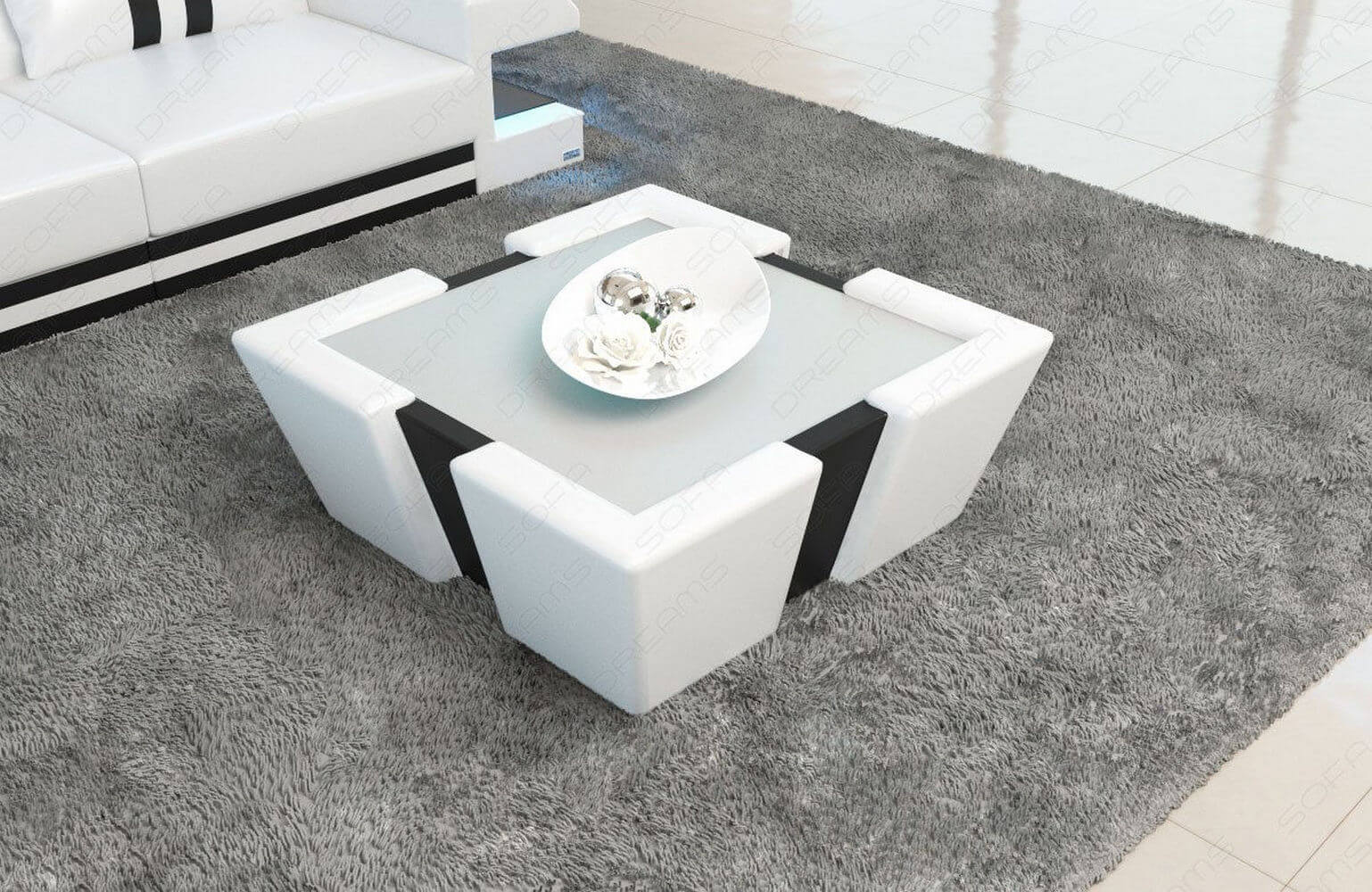 Leder Couchtisch Apollonia – Mit LED Beleuchtung Grau-Weiß