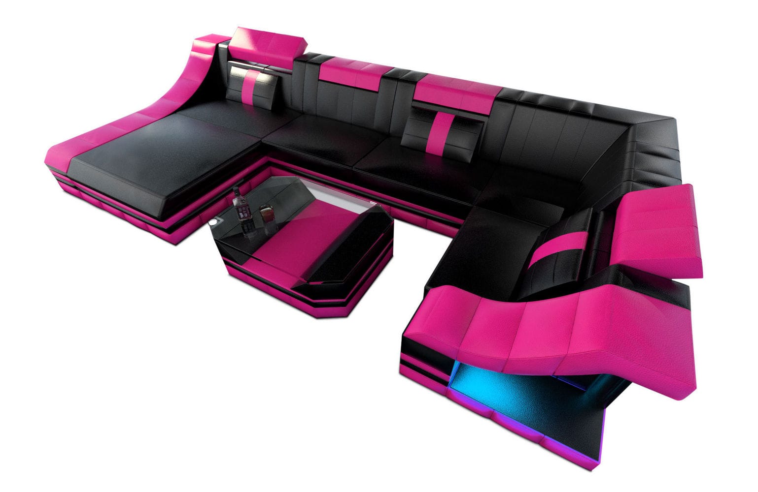Moderne Wohnlandschaft Turino U-Form mit LED schwarz-pink
