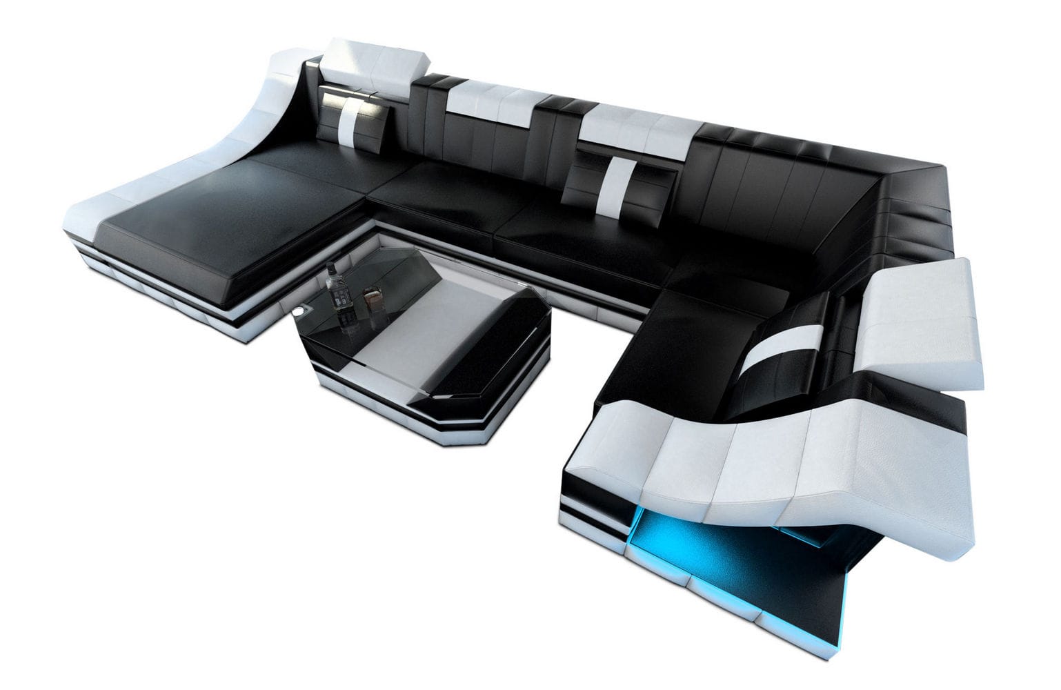 Moderne Wohnlandschaft Turino U-Form mit LED schwarz-weiß