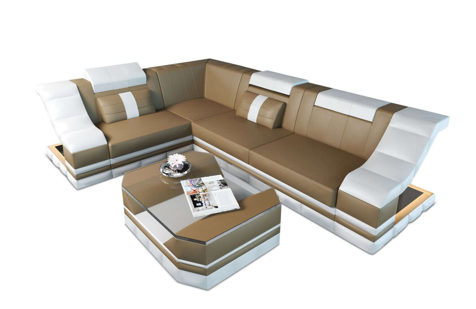 Mini Ecksofa Bianchi L-Form aus Leder sandbeige-weiß