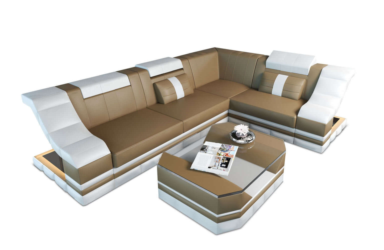 Mini Ecksofa Bianchi L Form aus Leder sandbeige-weiß