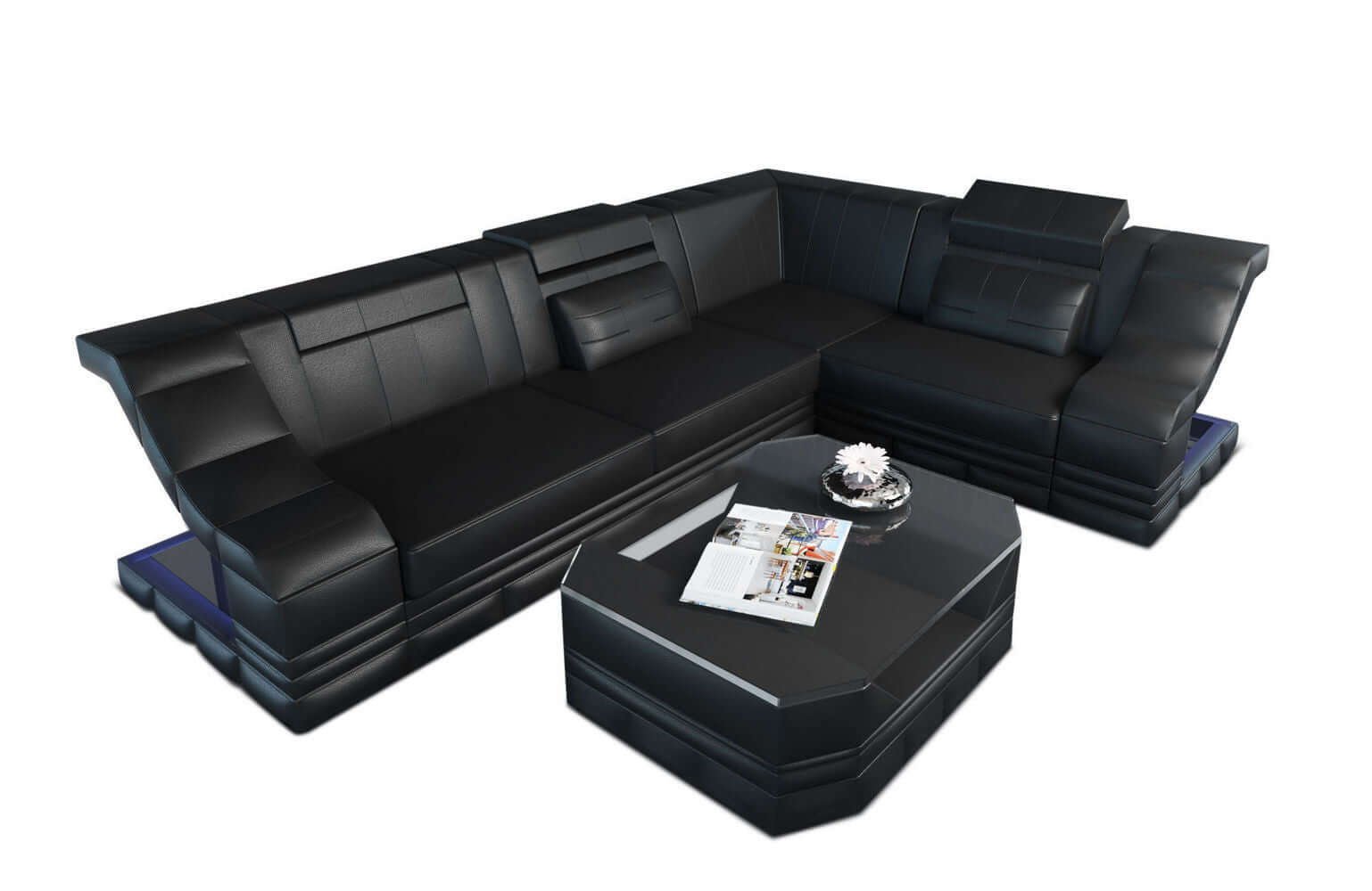 Mini Ecksofa Bianchi L-Form aus Leder Schwarz