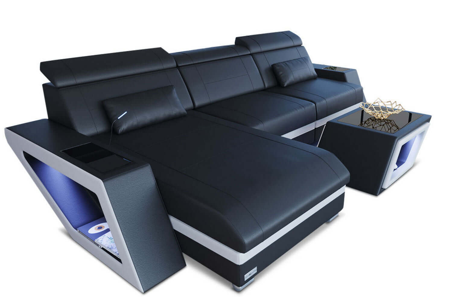 Mini Ecksofa Catania L-Form aus Leder Schwarz-Weiß