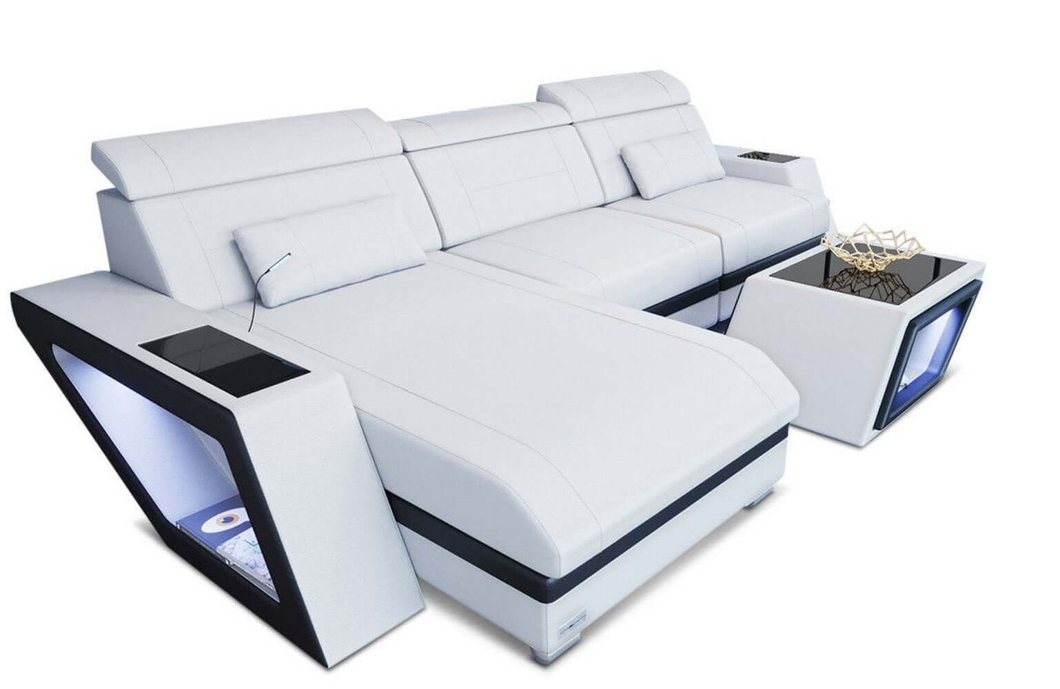 Mini Ecksofa Catania L Form aus Leder weiß-schwarz
