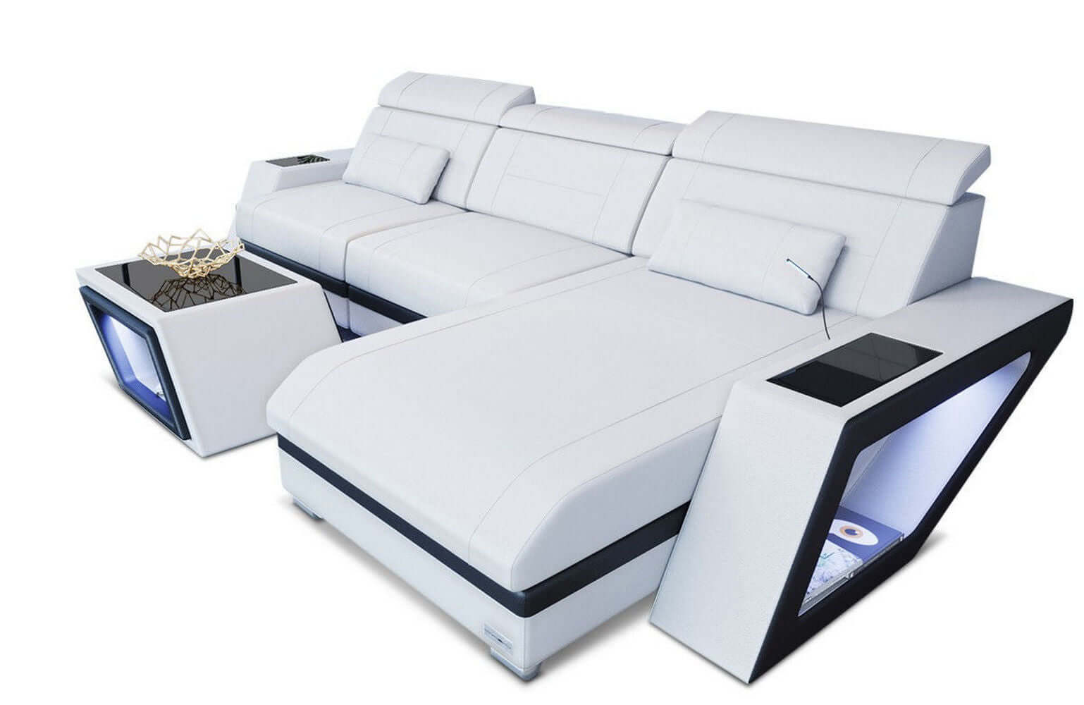 Mini Ecksofa Catania L-Form aus Leder Weiß-Schwarz