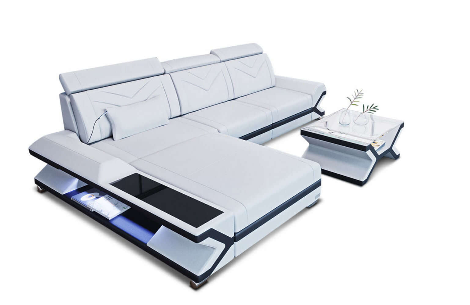 Mini Ecksofa Napoli L Form aus Leder weiß-schwarz