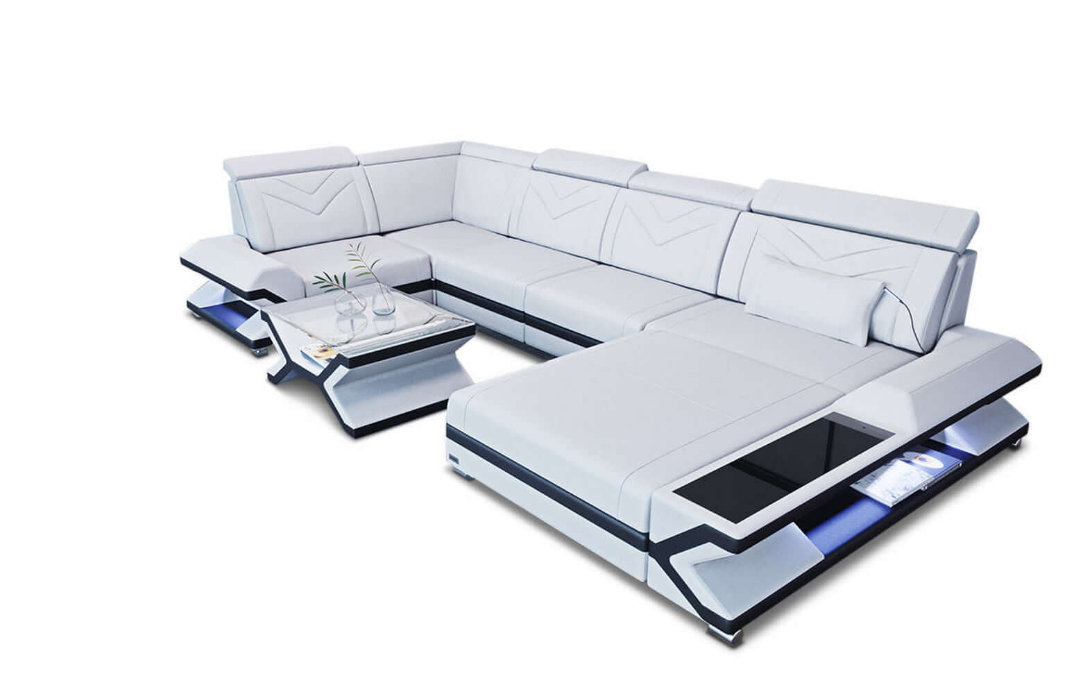 Mini Sofa Napoli U-Form in Leder weiß-schwarz