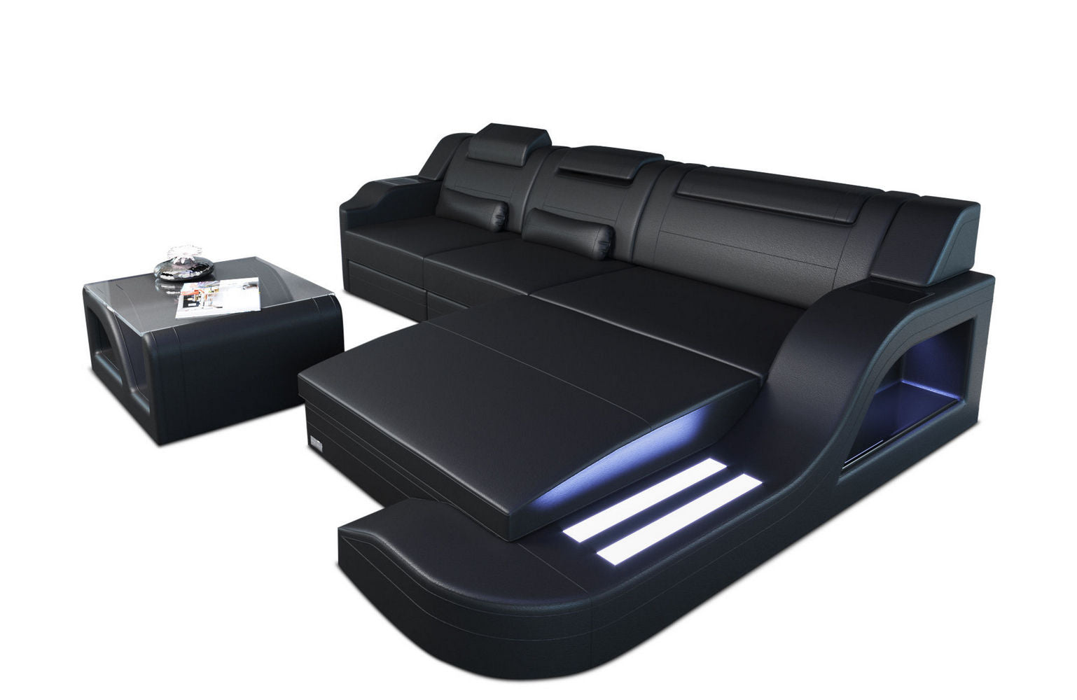 Design Ledersofa Palermo L-Form mit LED schwarz