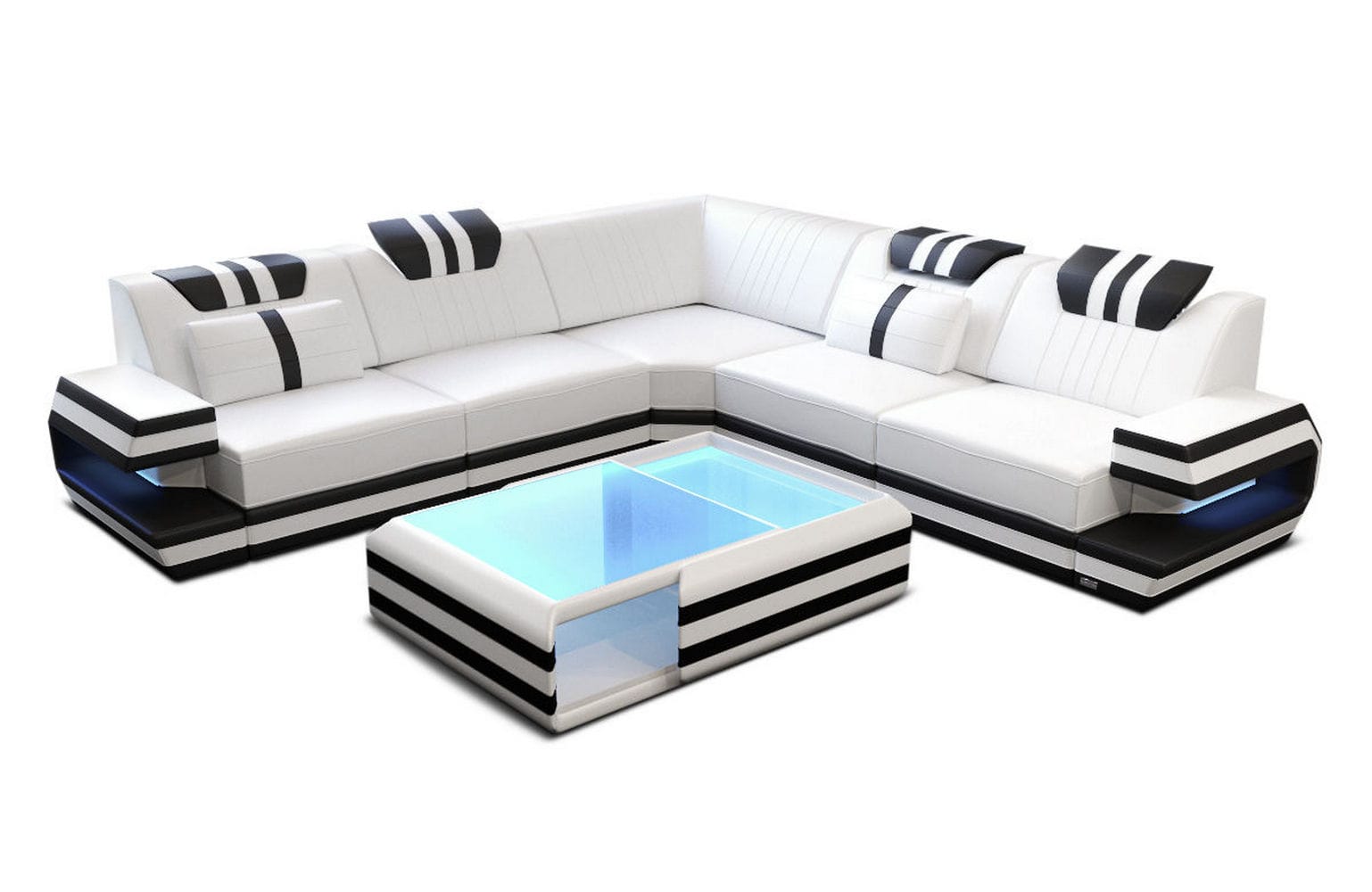Leder Ecksofa Ragusa Edles L Form mit LED Beleuchtung weiß-schwarz